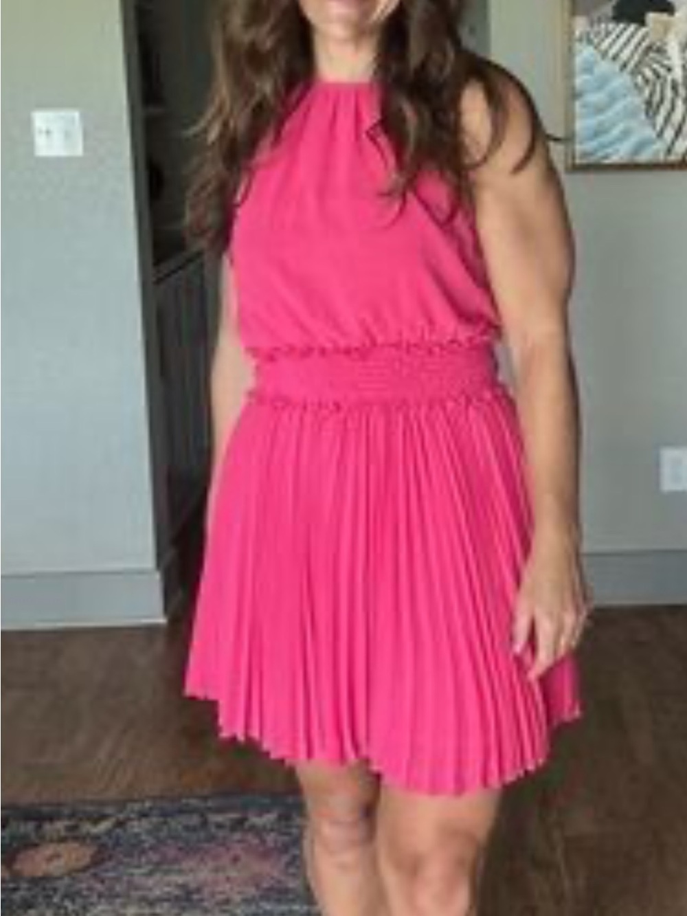 Main Strip women’s Sz small Bright Pink Halter Pleated Dress NWOT